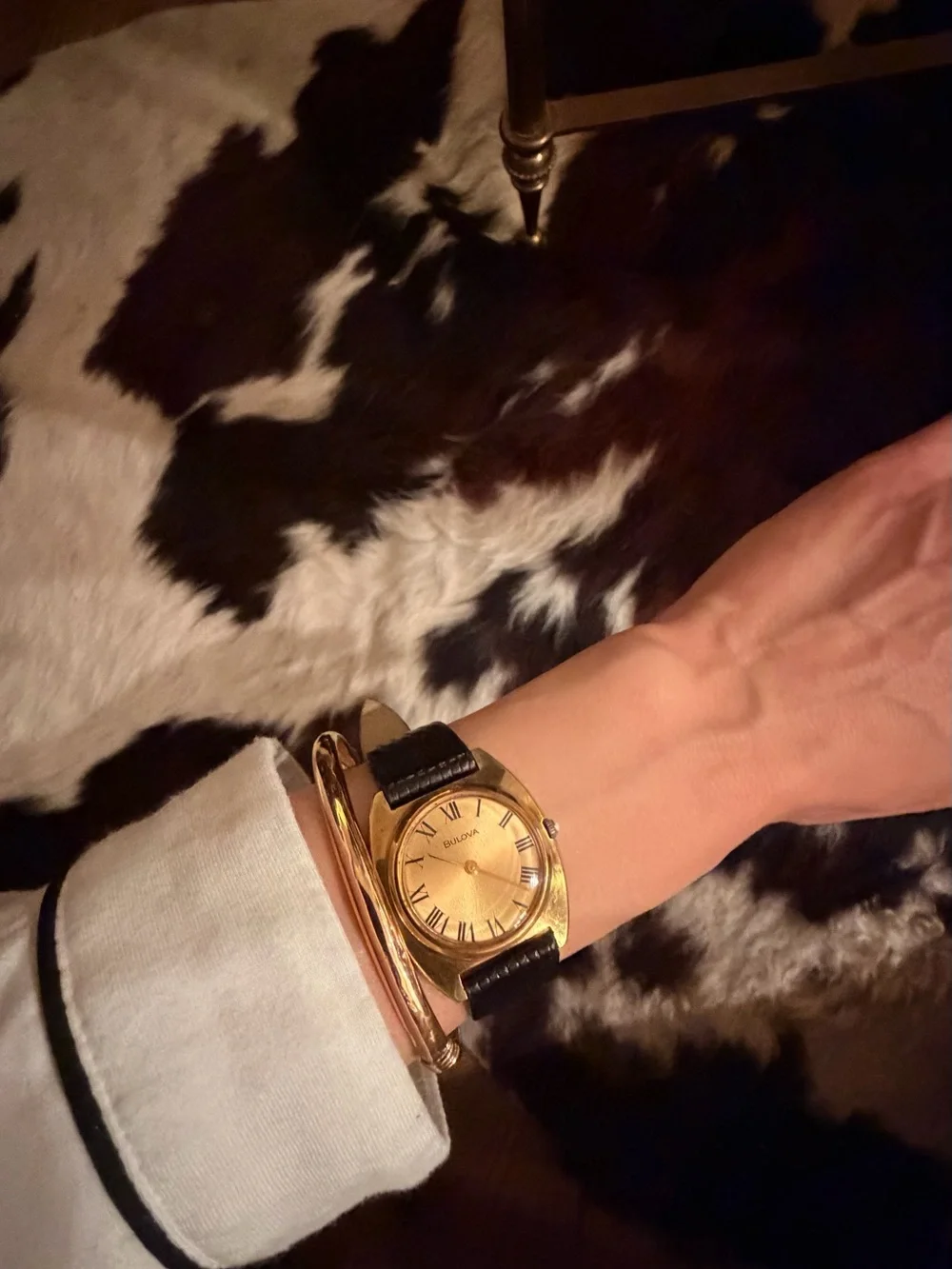 Bulova Gold Dial Dress Watch with Black Leather Strap